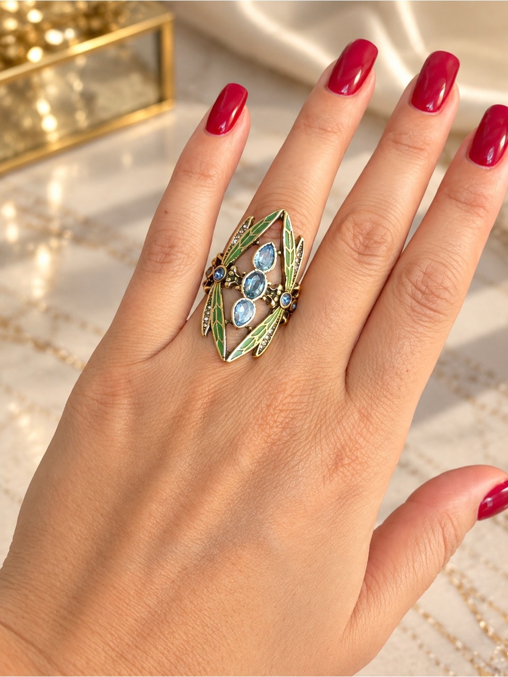 Anthropologie Gold Ring with Blue Stones and Green Enamel Accents